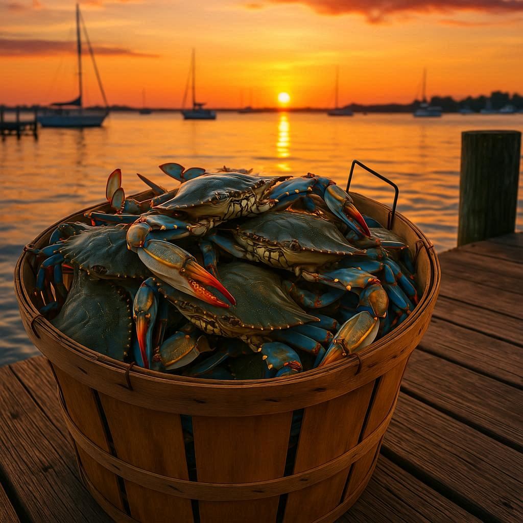 Bushel of steamed Maryland blue crabs on brown paper with mallets and bibs — Dad's Crabs Crab Feast Kit, Cambridge MD